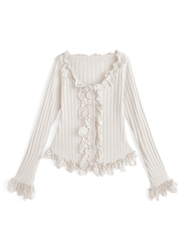 レースフリルリブニットカーディガン