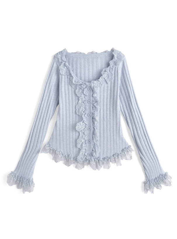 レースフリルリブニットカーディガン