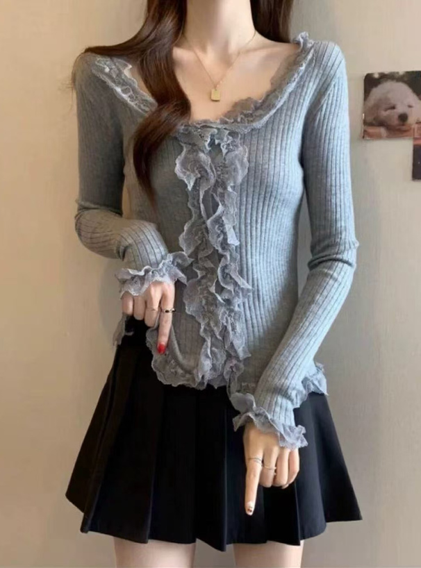 レースフリルリブニットカーディガン