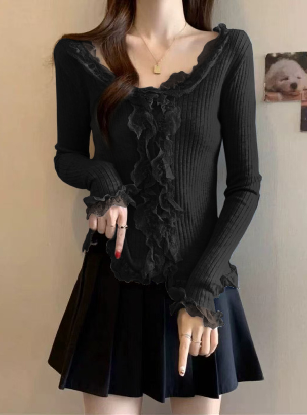 レースフリルリブニットカーディガン