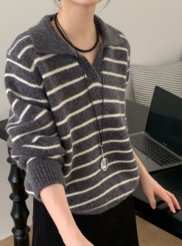 ボーダー柄スキッパーニットトップス[an1910] | レディース