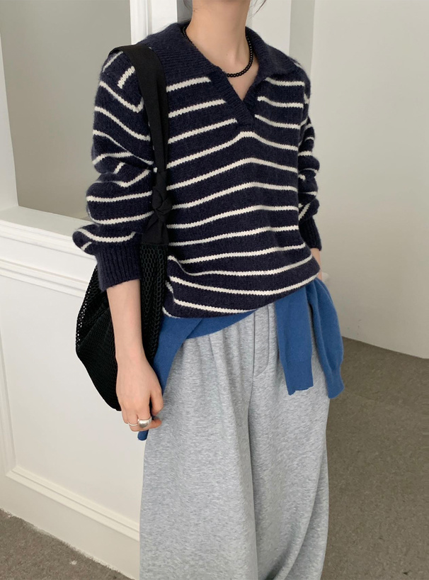 ボーダー柄スキッパーニットトップス