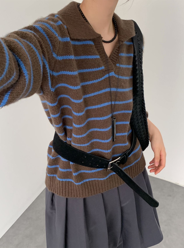 ボーダー柄スキッパーニットトップス[an1910] | レディース