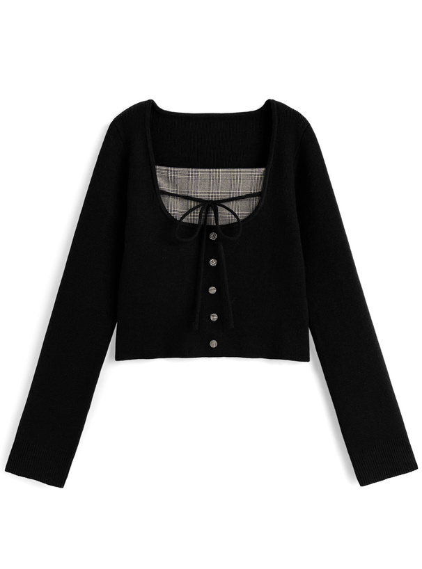 チェック柄レイヤード風リボンニットトップス[an1917]