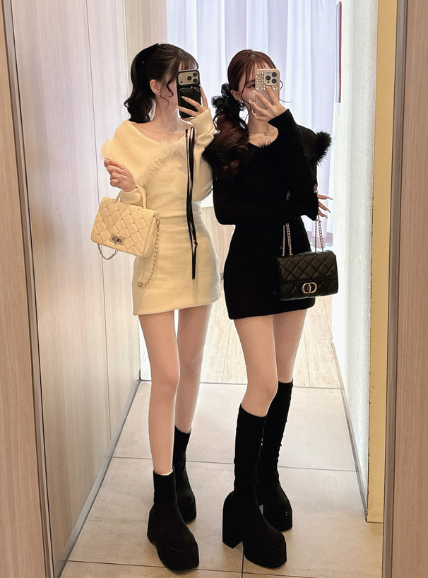 2Wayビッグカラーシャギーニットミニワンピース