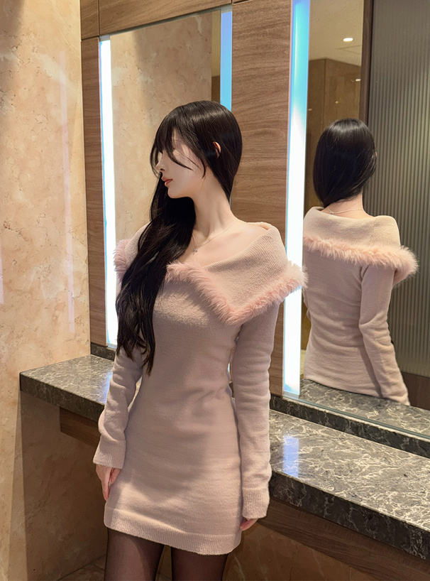 2Wayビッグカラーシャギーニットミニワンピース