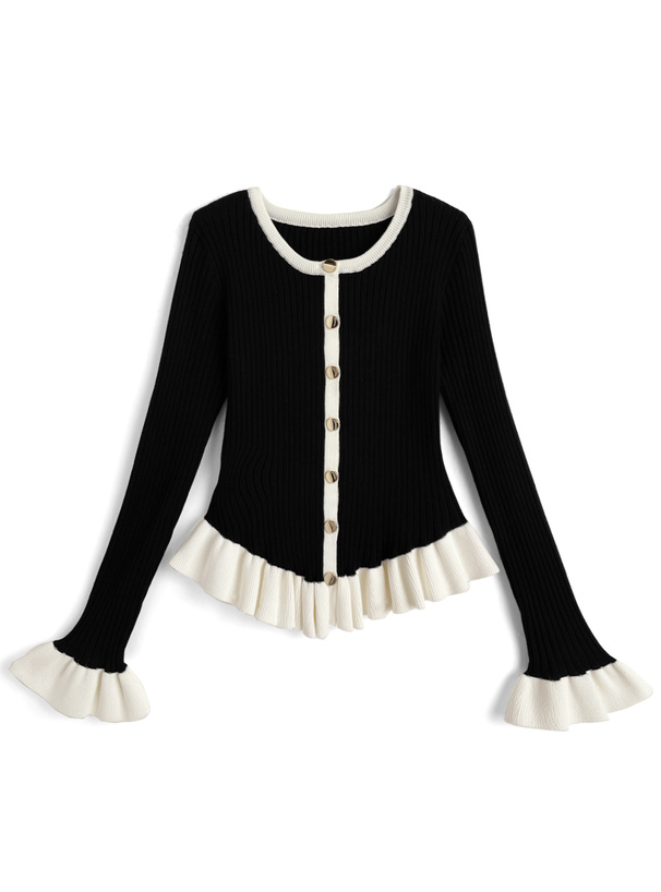 配色フリルリブニットカーディガン