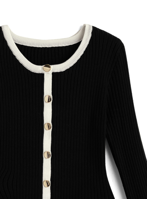 配色フリルリブニットカーディガン