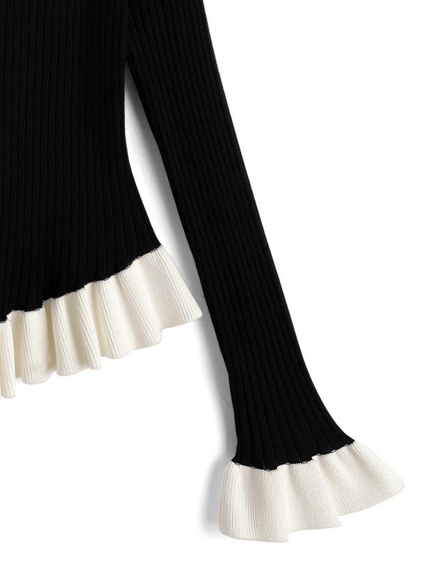 配色フリルリブニットカーディガン