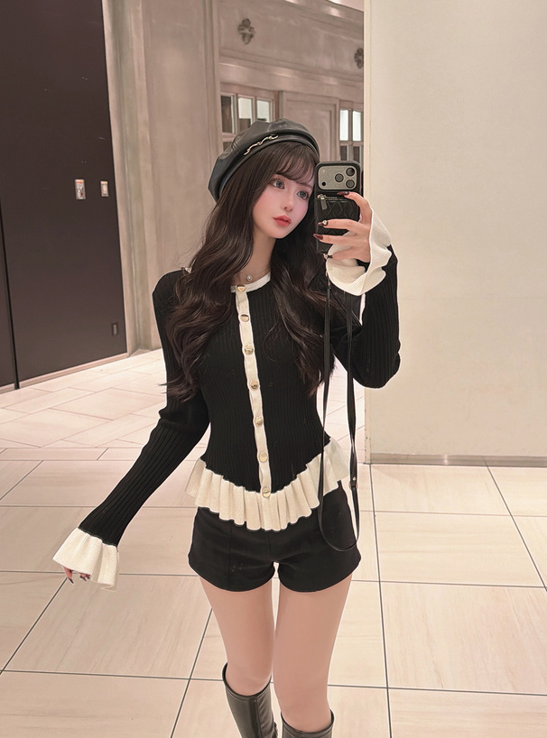 配色フリルリブニットカーディガン