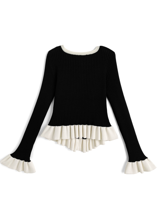 配色フリルリブニットカーディガン