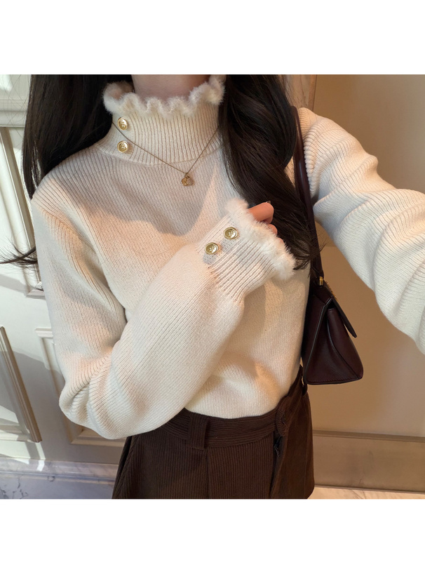 タートルネックボタンニットトップス