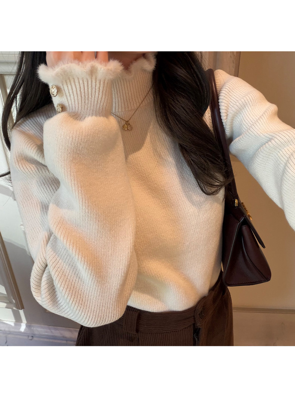 タートルネックボタンニットトップス