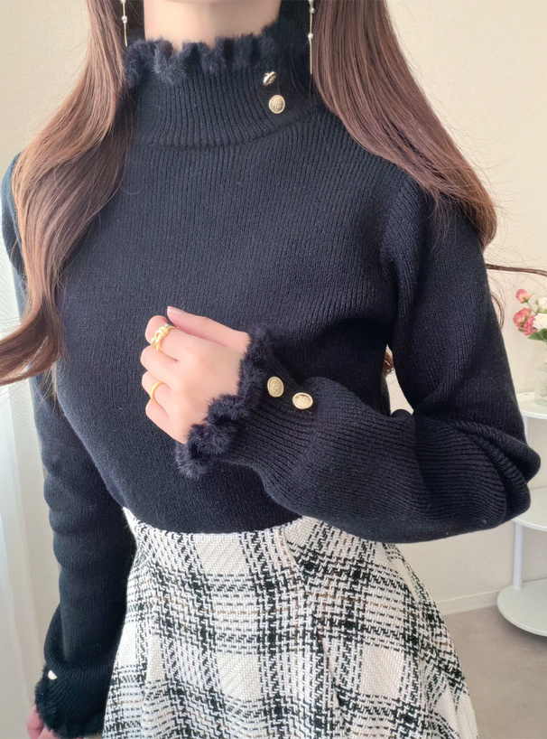 タートルネックボタンニットトップス