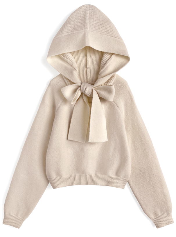 フード付きリボンニットトップス