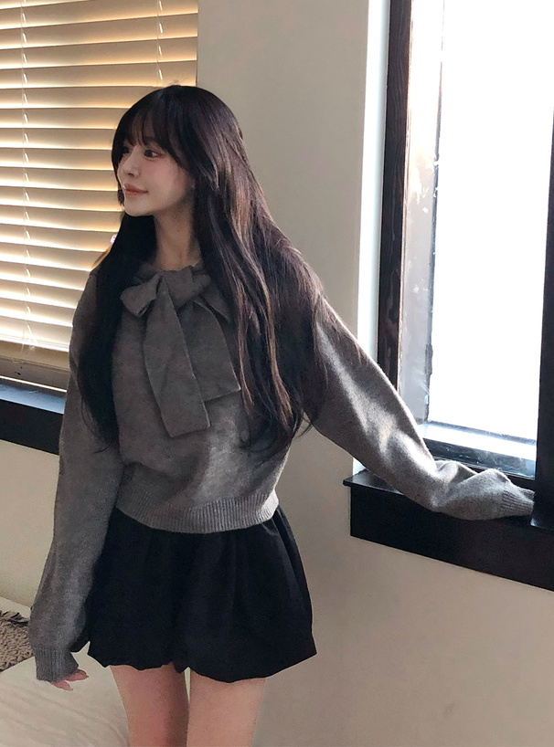 フード付きリボンニットトップス