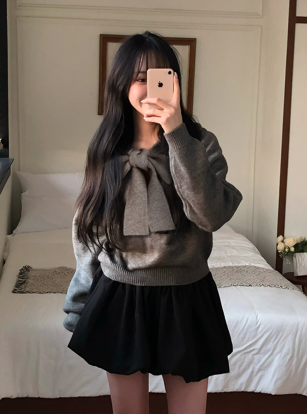 フード付きリボンニットトップス