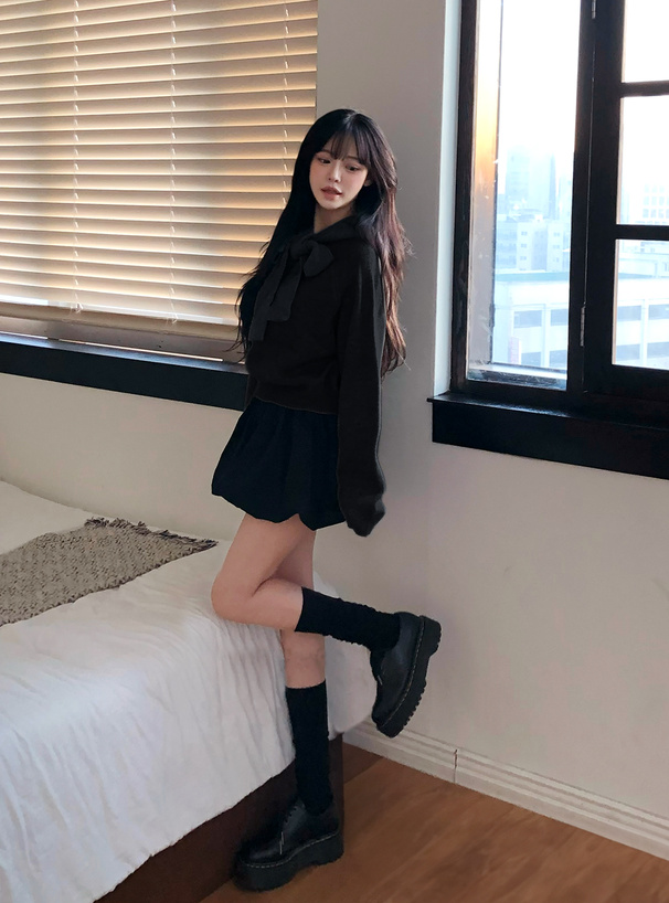 フード付きリボンニットトップス