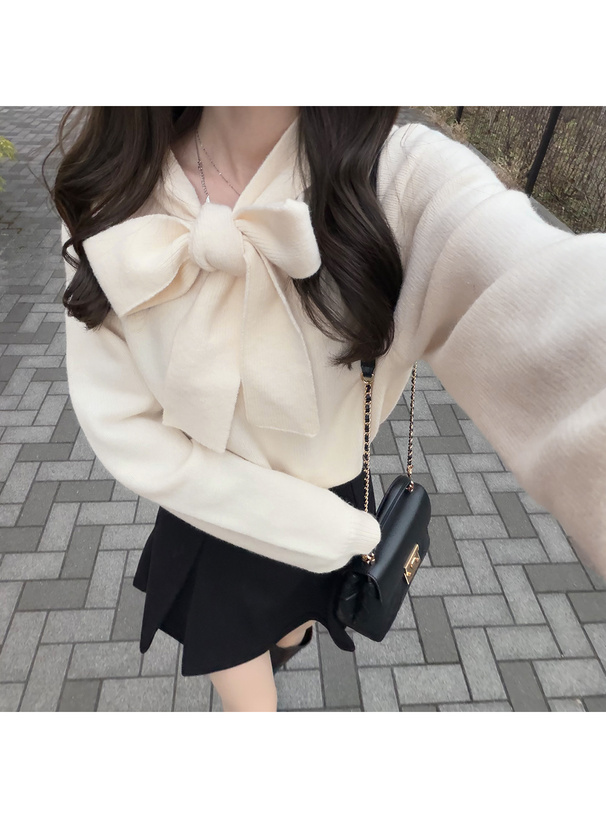 フード付きリボンニットトップス