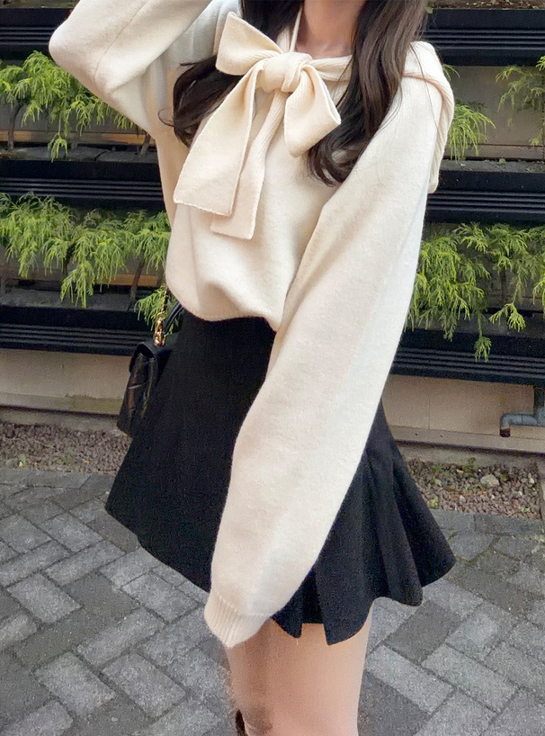 フード付きリボンニットトップス