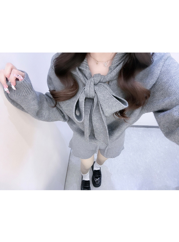 フード付きリボンニットトップス