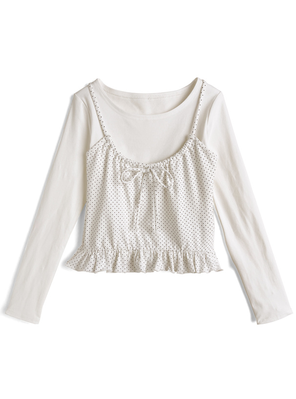 ドット柄リボンフリルキャミソール×ロンTアンサンブル[an1940