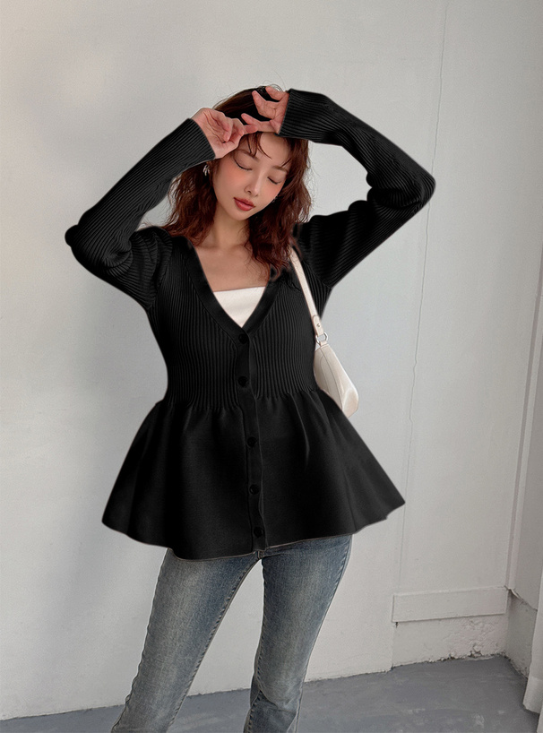 Vネックペプラムリブニットカーディガン