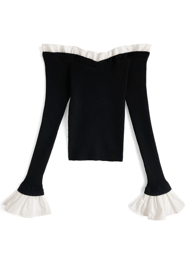 フリルオフショルダーニットトップス