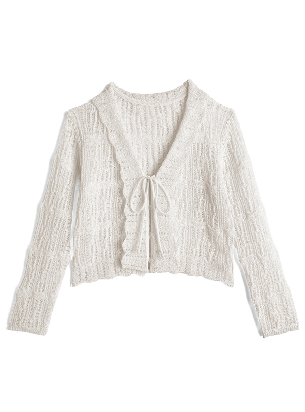リボンフリル透かし編みニットカーディガン
