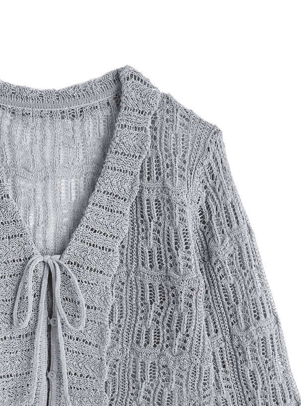 リボンフリル透かし編みニットカーディガン