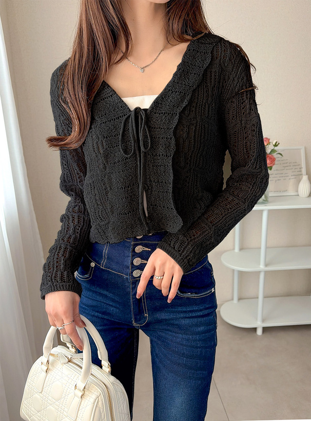 リボンフリル透かし編みニットカーディガン