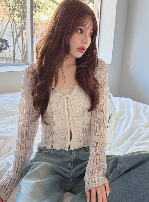 リボンフリル透かし編みニットカーディガン