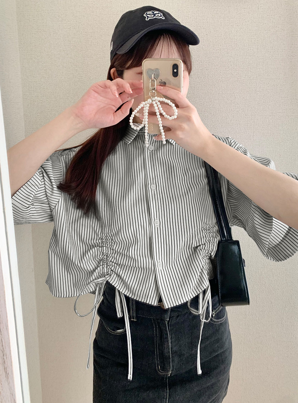 ストライプ柄ドロストショート丈シャツ