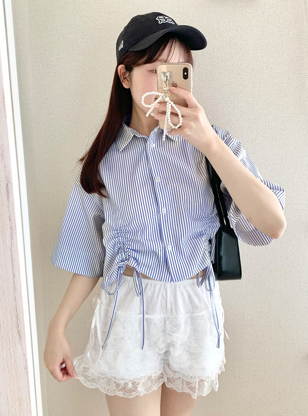 ストライプ柄ドロストショート丈シャツ