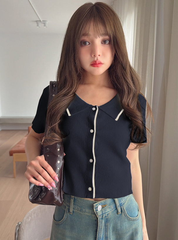 配色ラインリブニットトップス