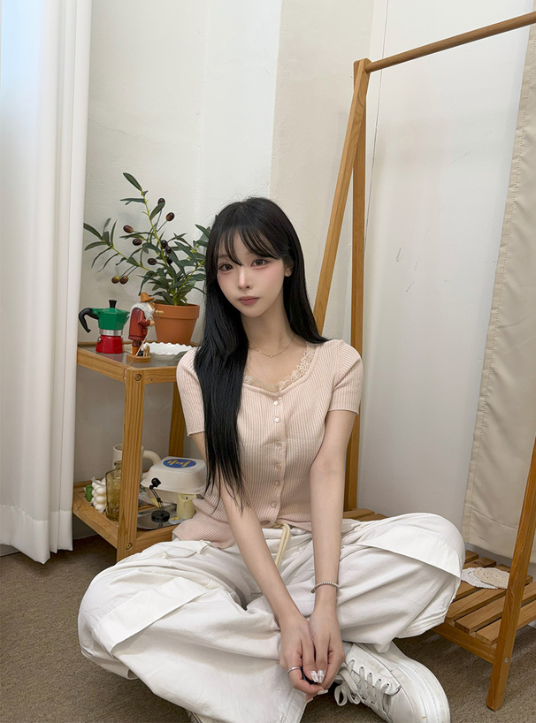 前後2Wayレースネックリブニットカーディガン