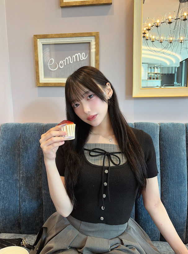 チェック柄レイヤード風リボンニットトップス