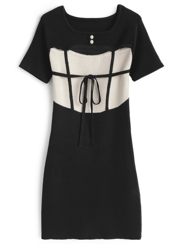 フロントオープンリボン配色ニットミニワンピース