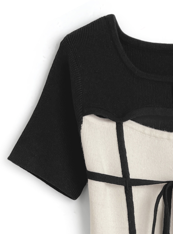 フロントオープンリボン配色ニットミニワンピース