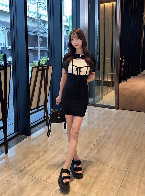 フロントオープンリボン配色ニットミニワンピース