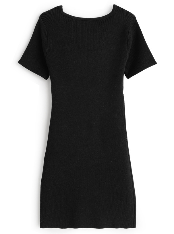 フロントオープンリボン配色ニットミニワンピース