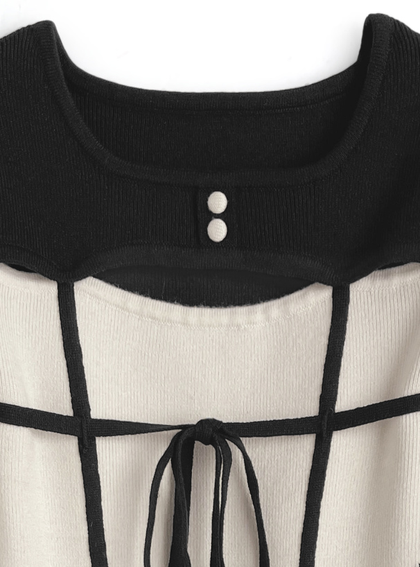 フロントオープンリボン配色ニットミニワンピース