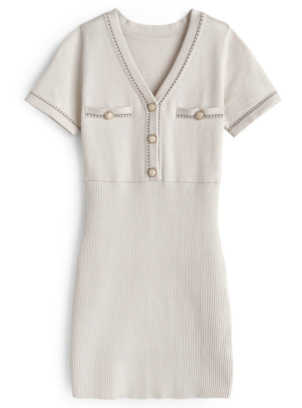 Vネック配色ステッチニットミニワンピース