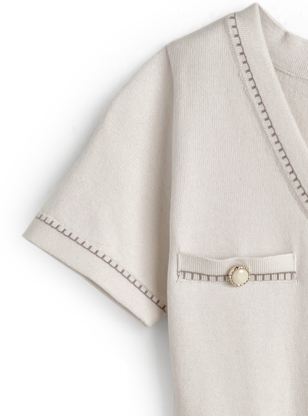 Vネック配色ステッチニットミニワンピース