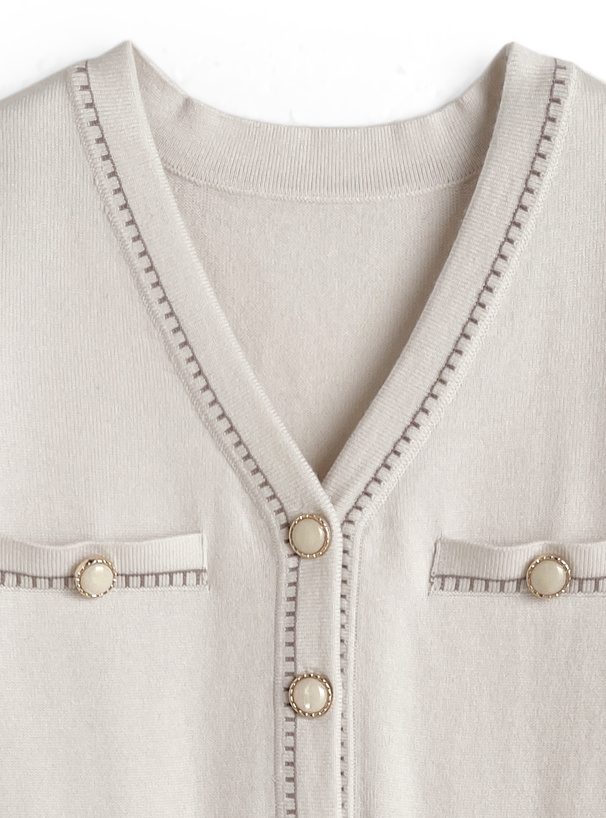 Vネック配色ステッチニットミニワンピース