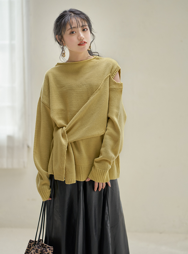 アシンメトリーショルダーカットニットトップス