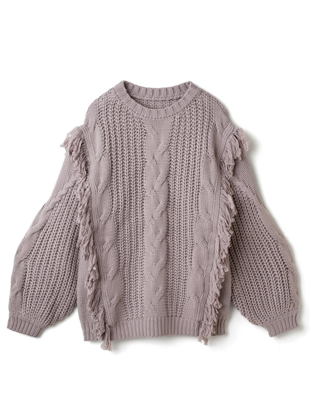 ケーブル編みフリンジニットトップス