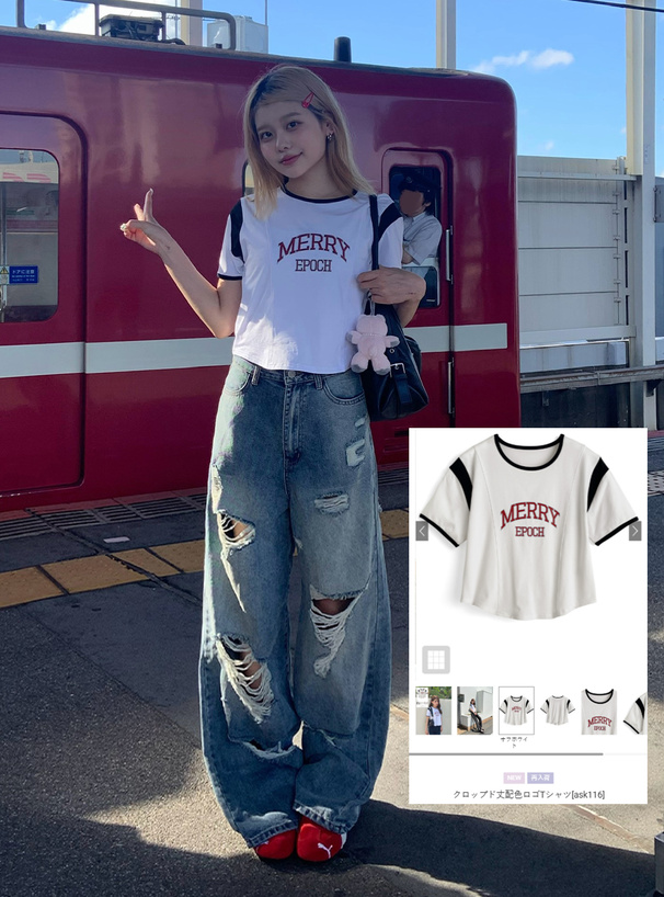 クロップド丈配色ロゴTシャツ[ask116] | レディースファッション