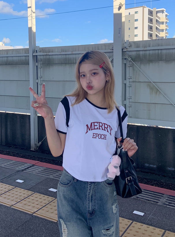 クロップド丈配色ロゴTシャツ[ask116] | レディースファッション