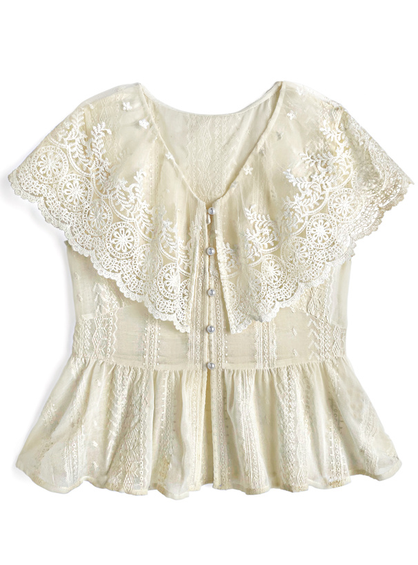 花柄レースビッグカラーノースリーブブラウス[ask144]